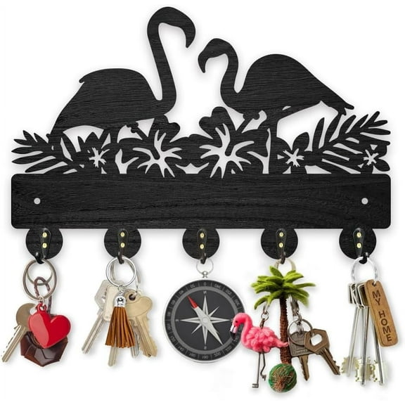 Flamingo Flower Coat Rack Wall Mount Wood Key Holder for DIY Wall 11.87.9inch Bird Tropical Leaves Decorative Wall Hooks 5 Alloy Hooks Hibiscus Flower Black Wall Hanger for DIY Gifts Entryway Room