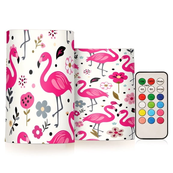 Flamingo Flower Flickering Flameless Candles Battery Operated with Remote Timer LED Pillar Candles Set of 2