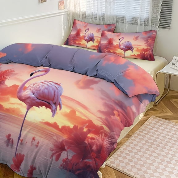 Flamingo Flower Tropical Duvet Cover Set Themed Multicolor Polyester Bedding Set for Bedroom Decoration