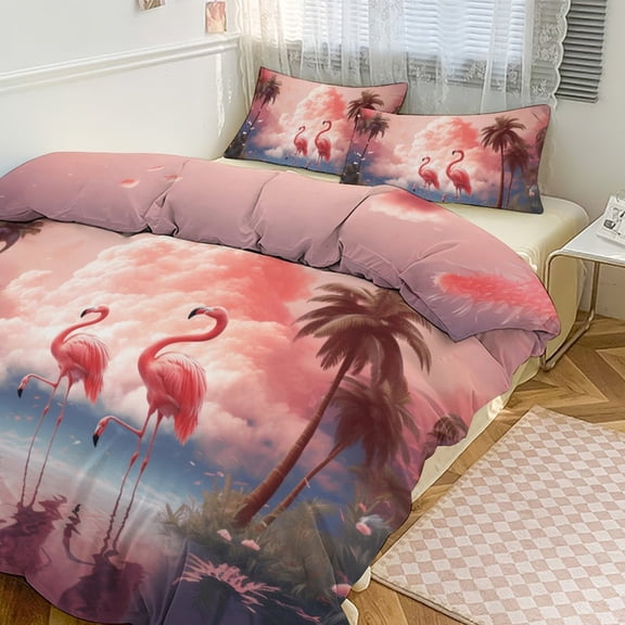 Flamingo Flower Tropical Duvet Cover Set Themed Multicolor Polyester Bedding Set for Bedroom Decoration