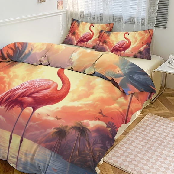 Flamingo Flower Tropical Duvet Cover Set Themed Multicolor Polyester Bedding Set for Bedroom Decoration