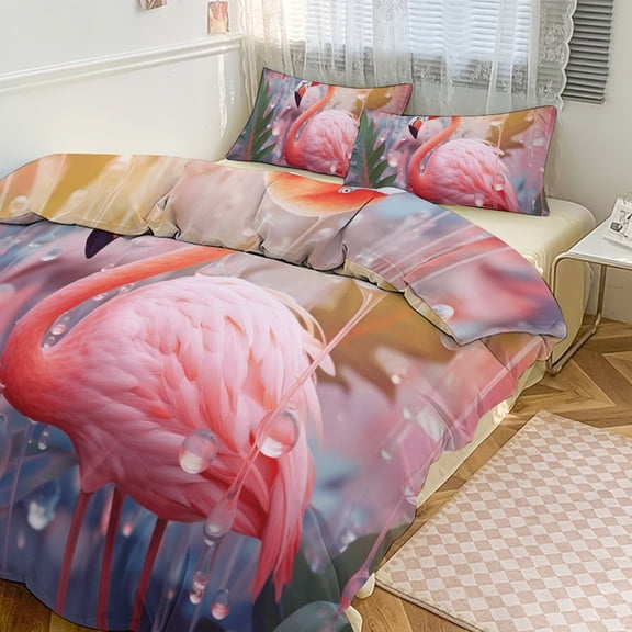 Flamingo Flower Tropical Duvet Cover Set Themed Multicolor Polyester Bedding Set for Bedroom Decoration