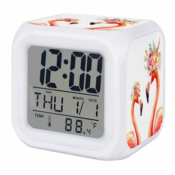 Flamingo Flowers Alarm Clock, Watercolor Tropical Red Flamingo Summer Floral Plant Digital Clock Night Light with 7 Color, Calendar Temperature Display, LED Desk Small Clock for Bedrooms Living Room