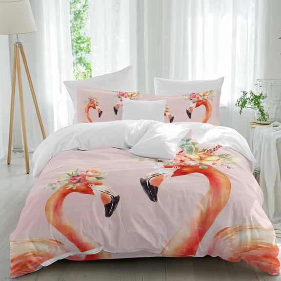 Flamingo Flowers Duvet Cover Set Twin Size, Tropical Red Flamingo Animal Summer Floral Plant Pink 4 Piece Bedding Set with Zipper Closure & Corner Ties Soft Breathable Comforter Cover for Bedroom