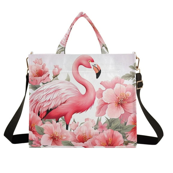 Flamingo Flowers Floral Leaves Corduroy Tote Bag Handbag Large Messenger Bag Shoulder Crossbody Zipper Bag Purse
