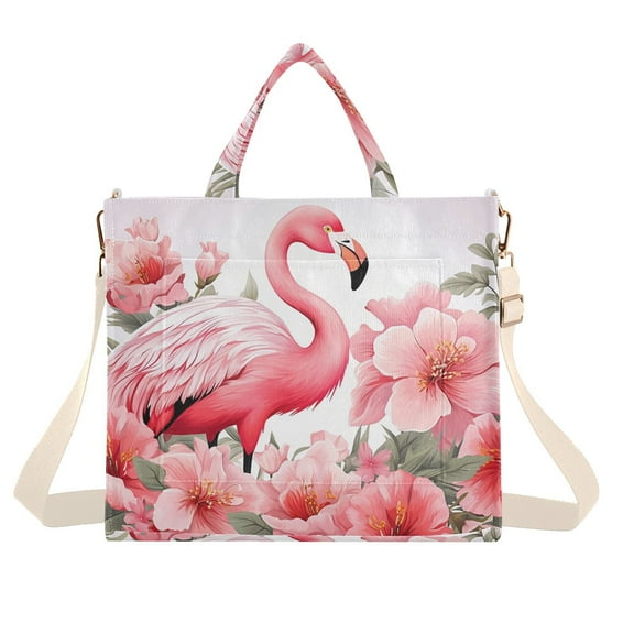 Flamingo Flowers Floral Leaves Corduroy Tote Bag Handbag Large Messenger Bag Shoulder Crossbody Zipper Bag Purse