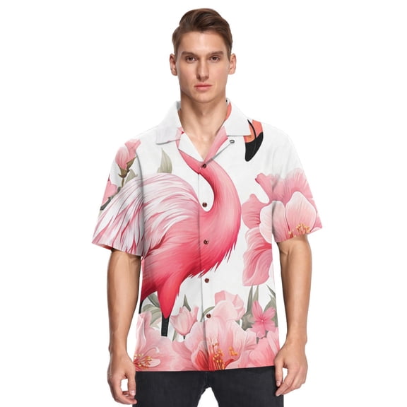 Flamingo Flowers Floral Leaves Men's Hawaiian Wrinkle Free Button Down Short Sleeve Shirt Casual Shirts Beach Shirts