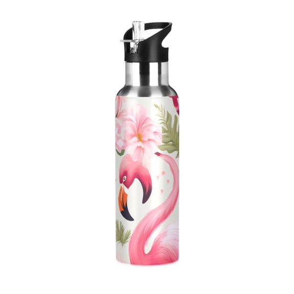 Flamingo Flowers Floral Leaves Sports Water Bottle with Straw Lid Insulated Stainless Steel Leak Proof BPA Free Thermal Mug with Handle for Gym Yoga Cycling Camping