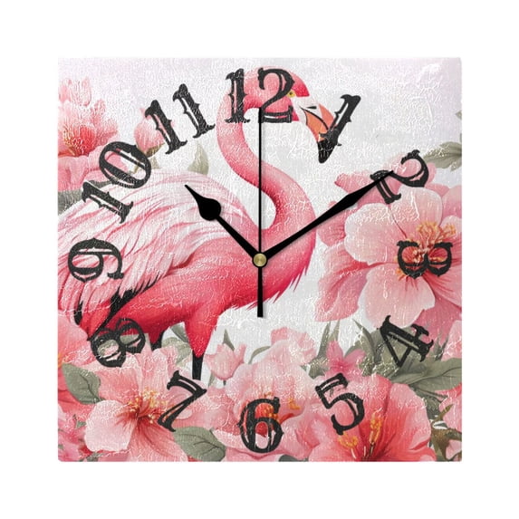 Flamingo Flowers Floral Leaves Wall Clock Square Silent Non Ticking Battery Operated Clock for Home Bathroom Kitchen Bedroom Living Room