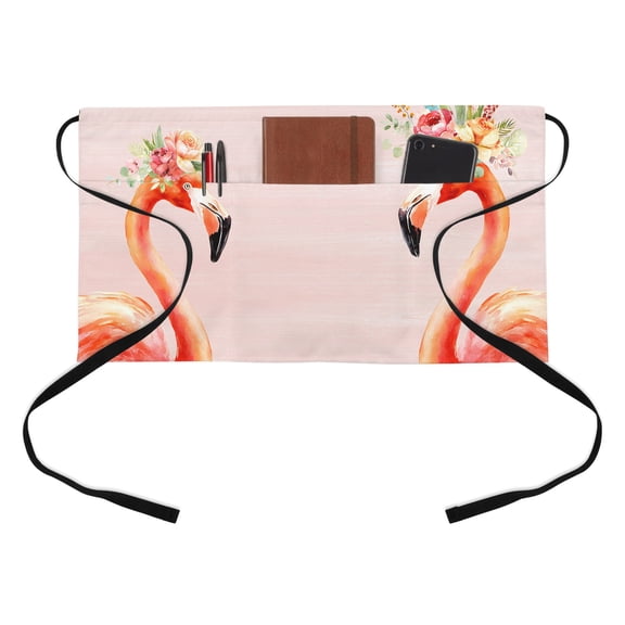 Flamingo Flowers Half Waist Apron Tropical Red Flamingo Animal Summer Floral Plant Pink Short Waiter Aprons with 3 Pockets for Women Men Kitchen Restaurant Cooking