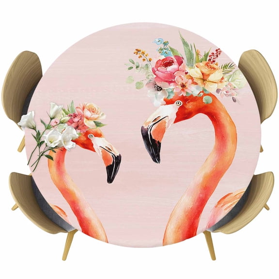 Flamingo Flowers Round Fitted Tablecloth with Elastic Edge, Tropical Red Flamingo Animal Summer Floral Plant Pink Stretch Table Covers for 36"-44" Tables Wipeable Table Cloth for Outdoor