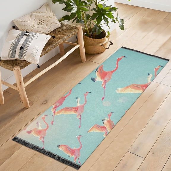 Flamingo Fly Runner Rug Machine Washable Area Rugs Carpet Non Slip Entryway Mat for Bedroom Entryway Front Door