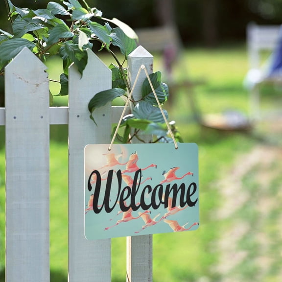Flamingo Fly Welcome Sign for Front Door Porch Wreath Door Sign Home Decoration Rustic Farmhouse Style
