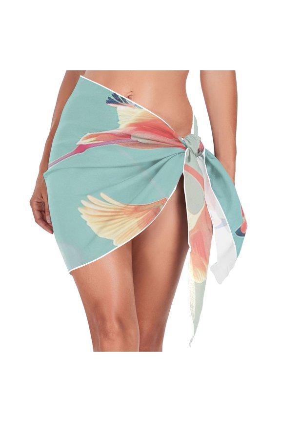 Flamingo Fly Women Coverups Beach Cover Up Chiffon Swimsuit Bikini Wrap Short Skirt Beach Slit Tie Waist