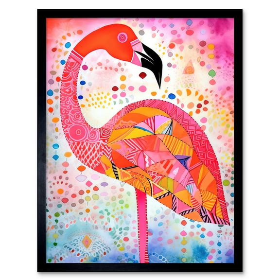 Flamingo Folk Art Watercolour Painting Art Print Framed Poster Wall Decor 12x16 inch
