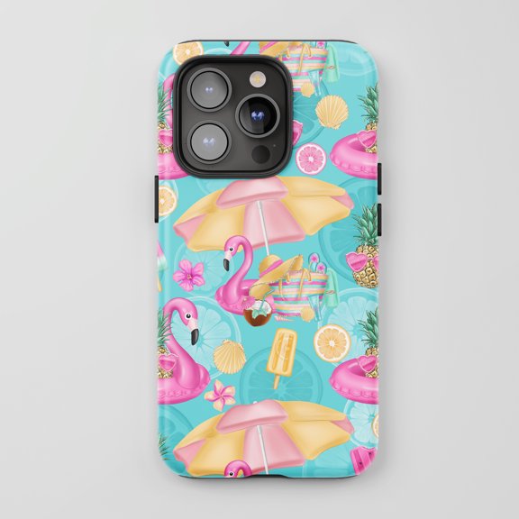 Flamingo For All iPhone Series Protective Phone Case Tropical Summer Cartoon Aqua Blue Multicolor