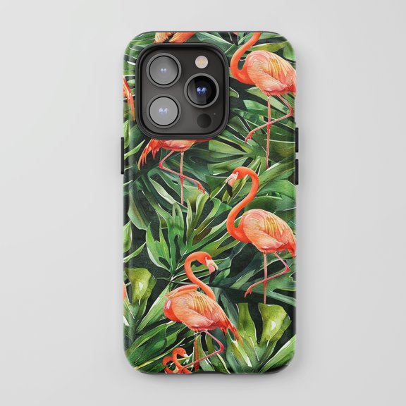 Flamingo For All iPhone Series Protective Phone Case Tropical Watercolor Green Pink