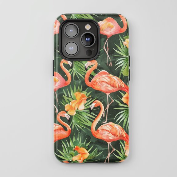 Flamingo For All iPhone Series Tough Phone Case Watercolor Tropical Dark Green Pink