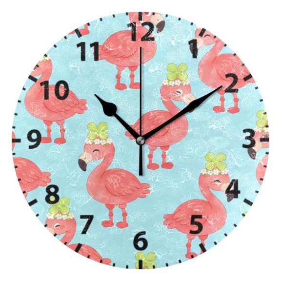 Flamingo Four Leaf Clover Wall Clock 10in Round Artistic Oil Painting Home Decor Desk Table Clock