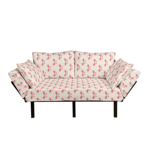 Flamingo Futon Couch, Retro Style Little Polka Dots Flamingo Couples Tropic Accents, Daybed with Metal Frame Upholstered Sofa for Living Dorm, Loveseat, Beige Dark Coral Purple, by Ambesonne