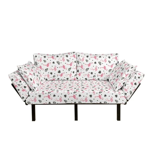 Flamingo Futon Couch, Watercolor Art Flamingos with Flower Motifs Coconut Tree Leaves Triangles, Daybed with Metal Frame Upholstered Sofa for Living Dorm, Loveseat, Black Pink Cream, by Ambesonne