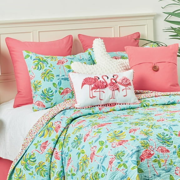 Flamingo Garden Tropical Theme Full/Queen 3 Piece Quilt Set