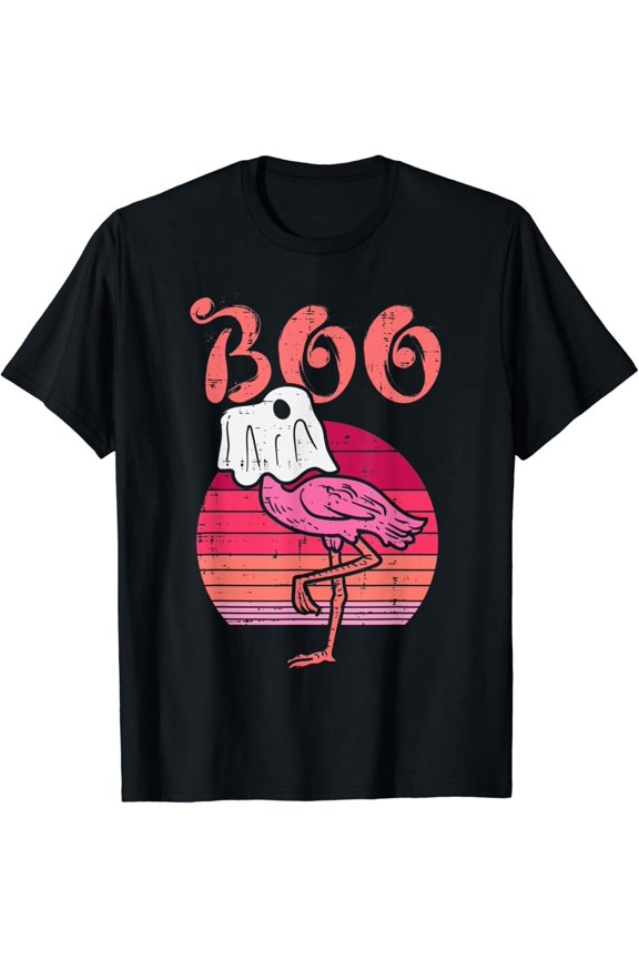 Flamingo Ghost Boo Pink Sunset Retro Halloween Bird Animal T-Shirt BLACK Unisex S-5XL Hot Trending Shirt, Vintage Birthday Gift