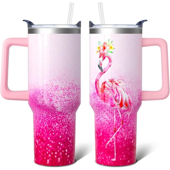 Flamingo Gifts 40 Oz Tumbler with Handle and Lid Straw, Pastel Aesthetic Stainless Steel Double Walled Vacuum Insulated Cup, Flamingo Lover Birthday Gifts for Women Girls