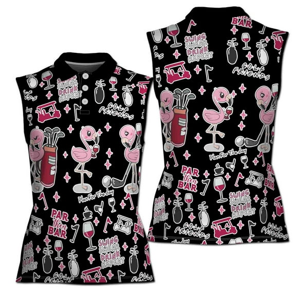 Flamingo Golf And Wine In Black Seamless Funny Women Women Sleeveless Polo XS-4XL