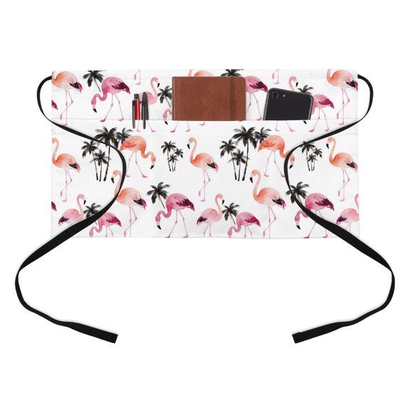 Flamingo Half Waist Apron Watercolor Pink Orange Flamingo Tropical Coconut Tree Short Waiter Aprons with 3 Pockets for Women Men Kitchen Restaurant Cooking