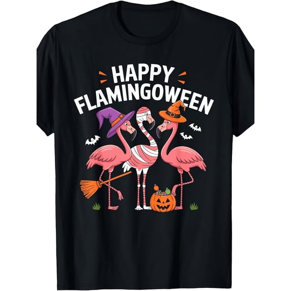 Flamingo Halloween Happy Flamingoween Cute Cartoon Mummy Pumpkin Bat Design Unisex Adult Holiday Party Gift Cotton Men's Women's Tee Shirt