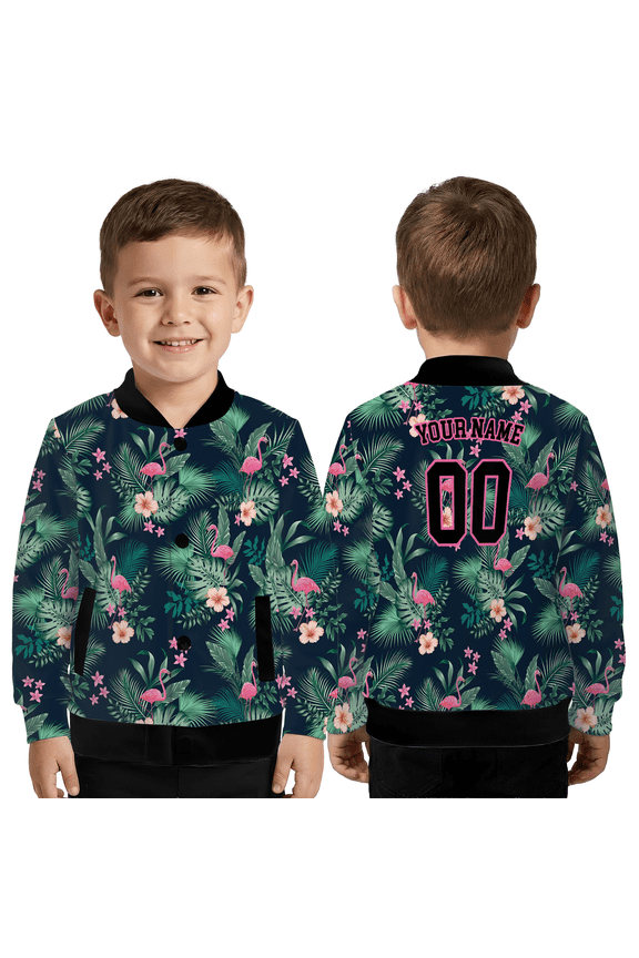 Flamingo Hawaiian Baseball Jacket – Tropical Floral Baseball Jacket, Summer Beach Vibes Team Baseball Jacket