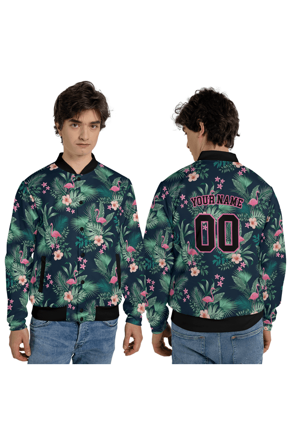 Flamingo Hawaiian Baseball Jacket – Tropical Floral Baseball Jacket, Summer Beach Vibes Team Baseball Jacket