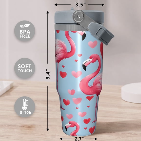 Flamingo Hearts 30 oz Travel Mug with Handle, Stainless Steel Insulated Tumbler Cup, Pink Flamingo Valentine Style