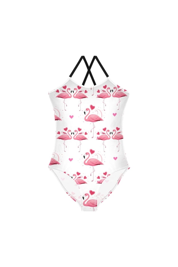 Flamingo Hearts Pattern Girls' One-Piece Swimwear 3T-10T Soft Stretchy for Beach Pool Water Park