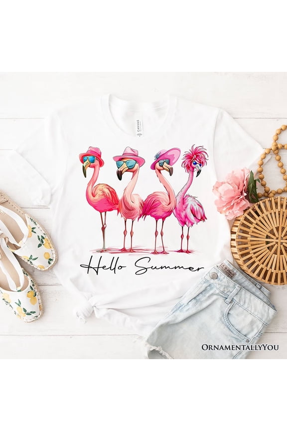 Flamingo Hello Summer T-Shirt, White and Natural Retro Tee with Tropical Birds