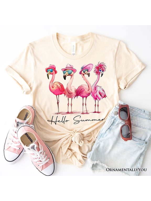 Flamingo Hello Summer T-Shirt, White and Natural Retro Tee with Tropical Birds