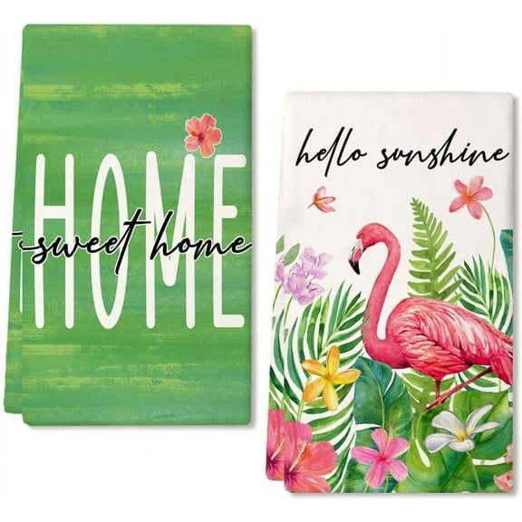 Flamingo Hello Sunshine Summer Kitchen Towels Dish Towels Set of 2,Flower Leaves Hand Towels 18x26 Inch Drying Dishcloth,Farmhouse Home Seasonal Holiday Summer Decorations AD315