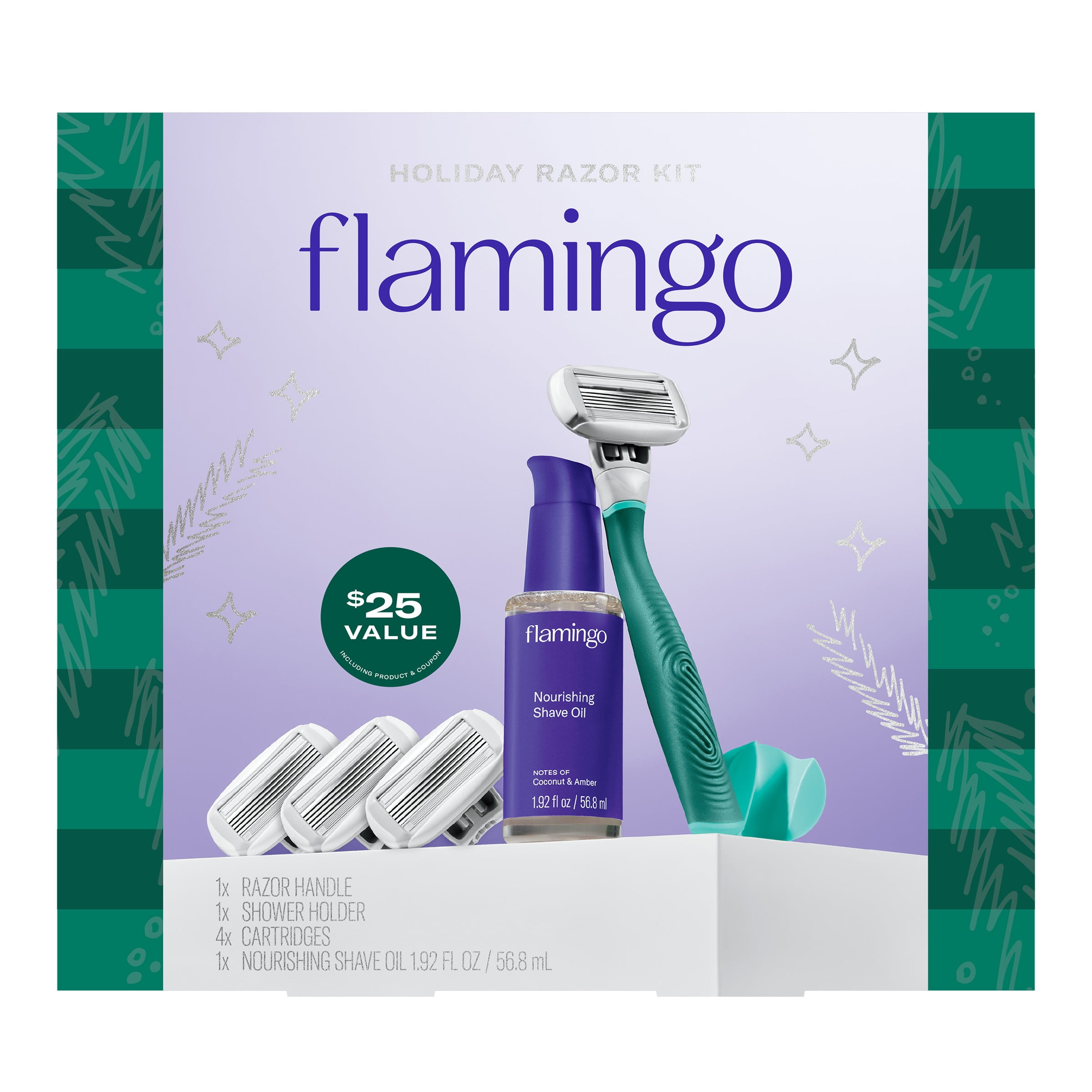 Flamingo Holiday Gift Set with Women's Razor Handle, Blade Cartridges, and Mini Shave Oil, Evergreen