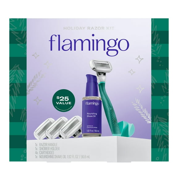 Flamingo Holiday Gift Set with Women's Razor Handle, Blade Cartridges, and Mini Shave Oil, Evergreen