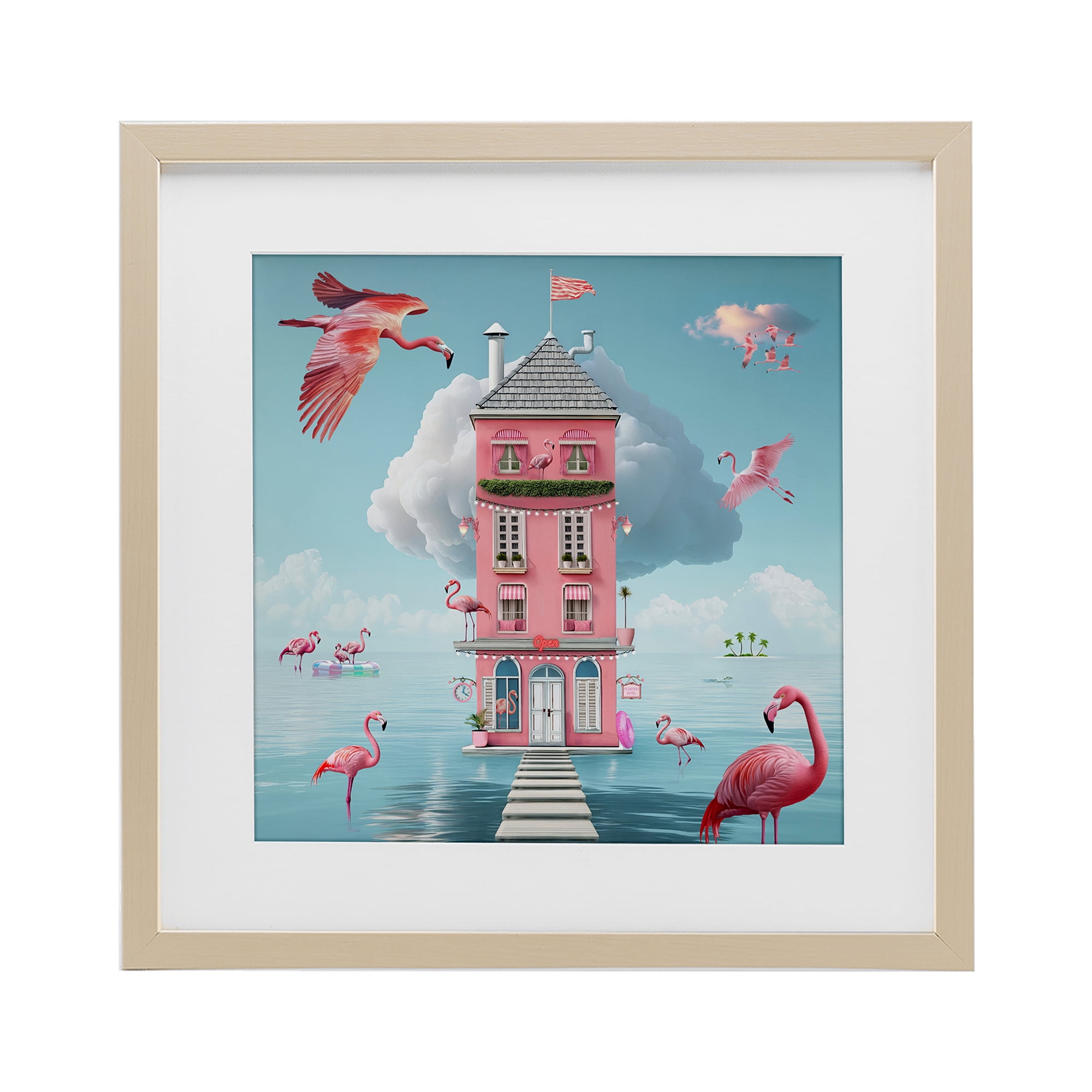 Flamingo Hotel on Water Birch Framed Print Under Glass, design by Lori Lea Studios