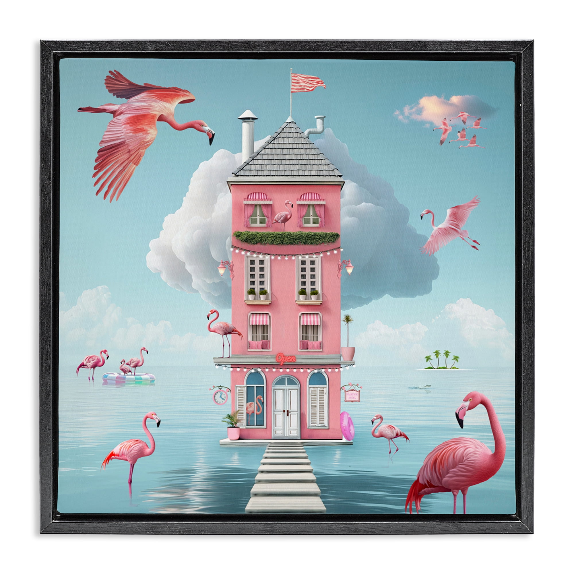 Flamingo Hotel on Water Black Framed Floater Canvas Wall Art, design by Lori Lea Studios