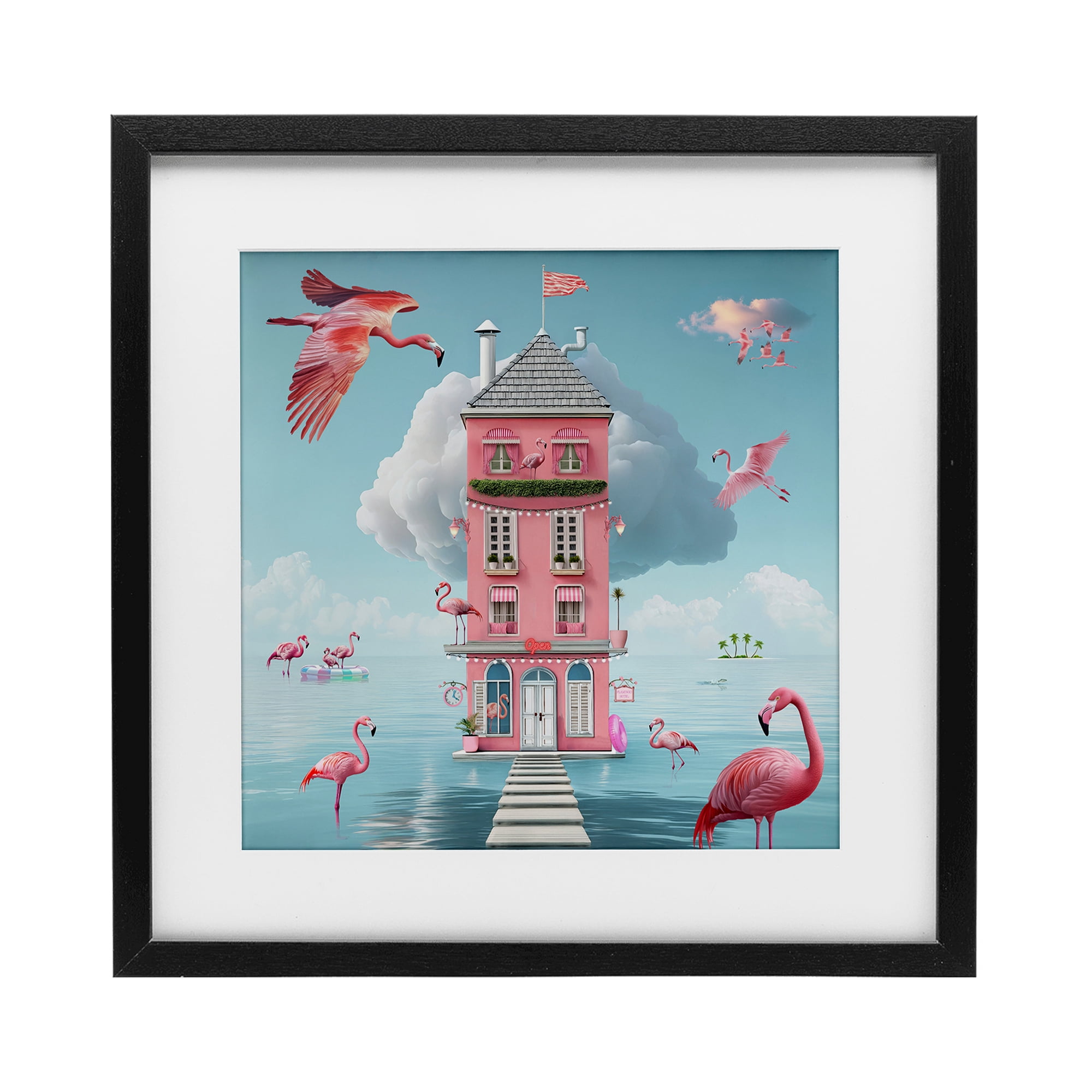 Flamingo Hotel on Water Black Framed Print Under Glass, design by Lori Lea Studios