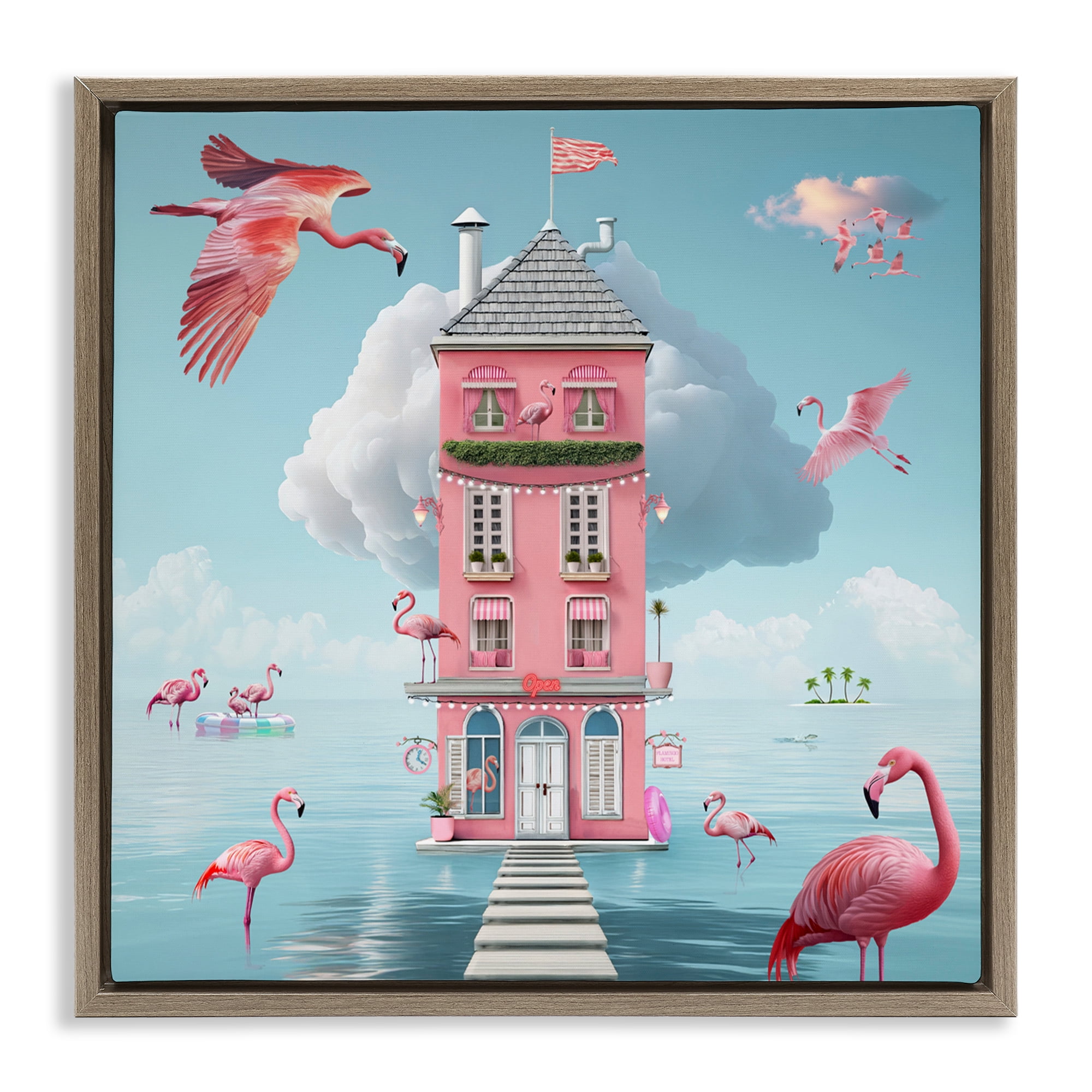 Flamingo Hotel on Water Brown Framed Floater Canvas Wall Art, design by Lori Lea Studios