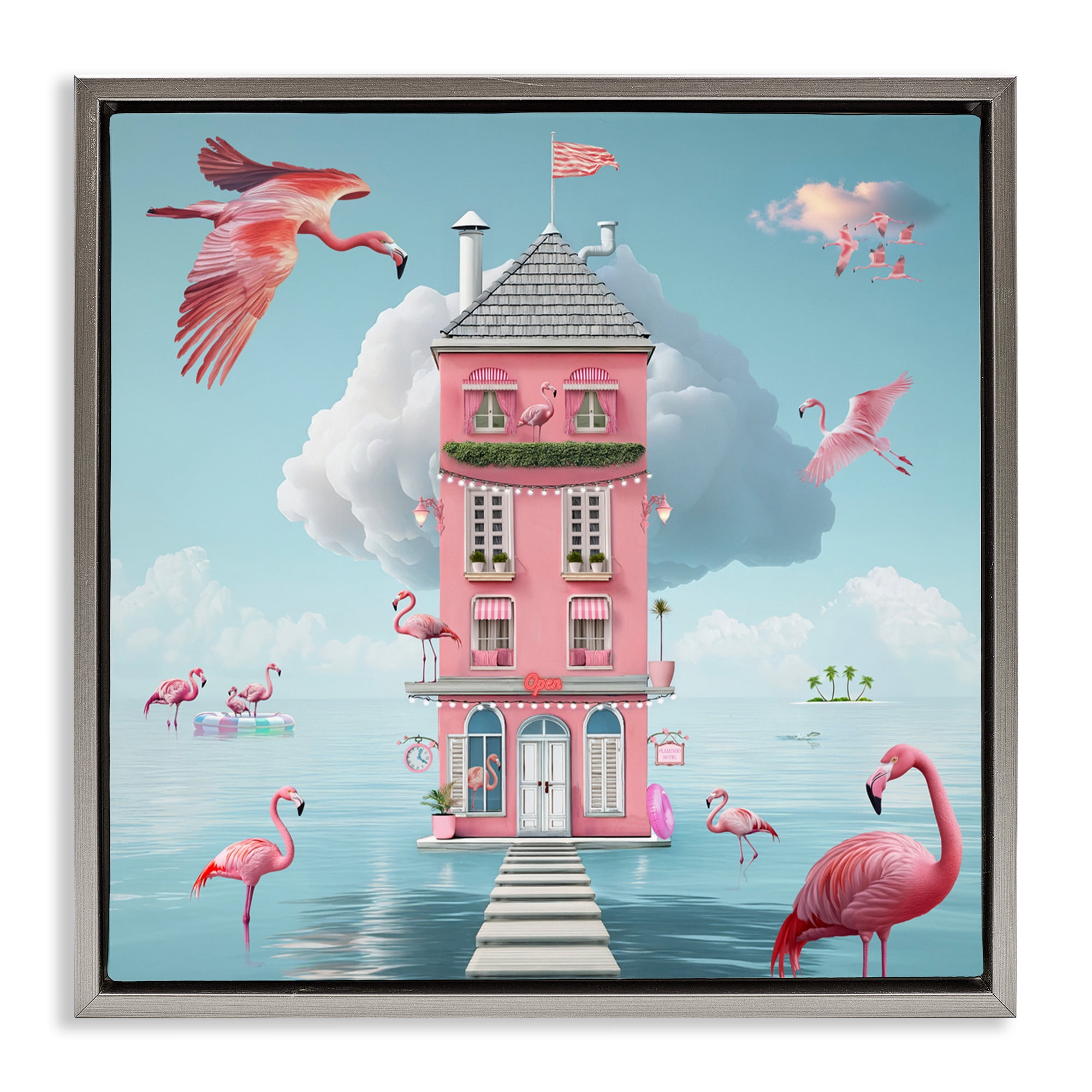 Flamingo Hotel on Water Gray Framed Floater Canvas Wall Art, design by Lori Lea Studios