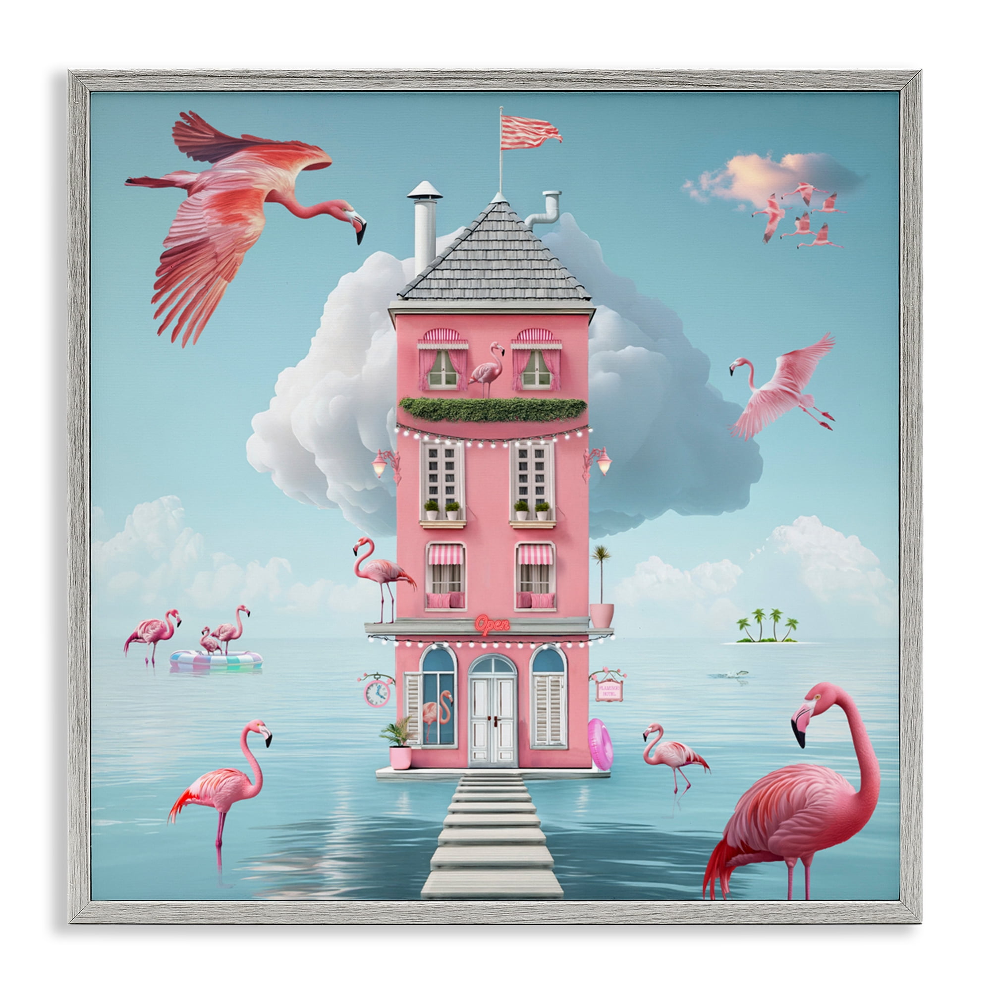 Flamingo Hotel on Water Gray Framed Giclee Art, design by Lori Lea Studios