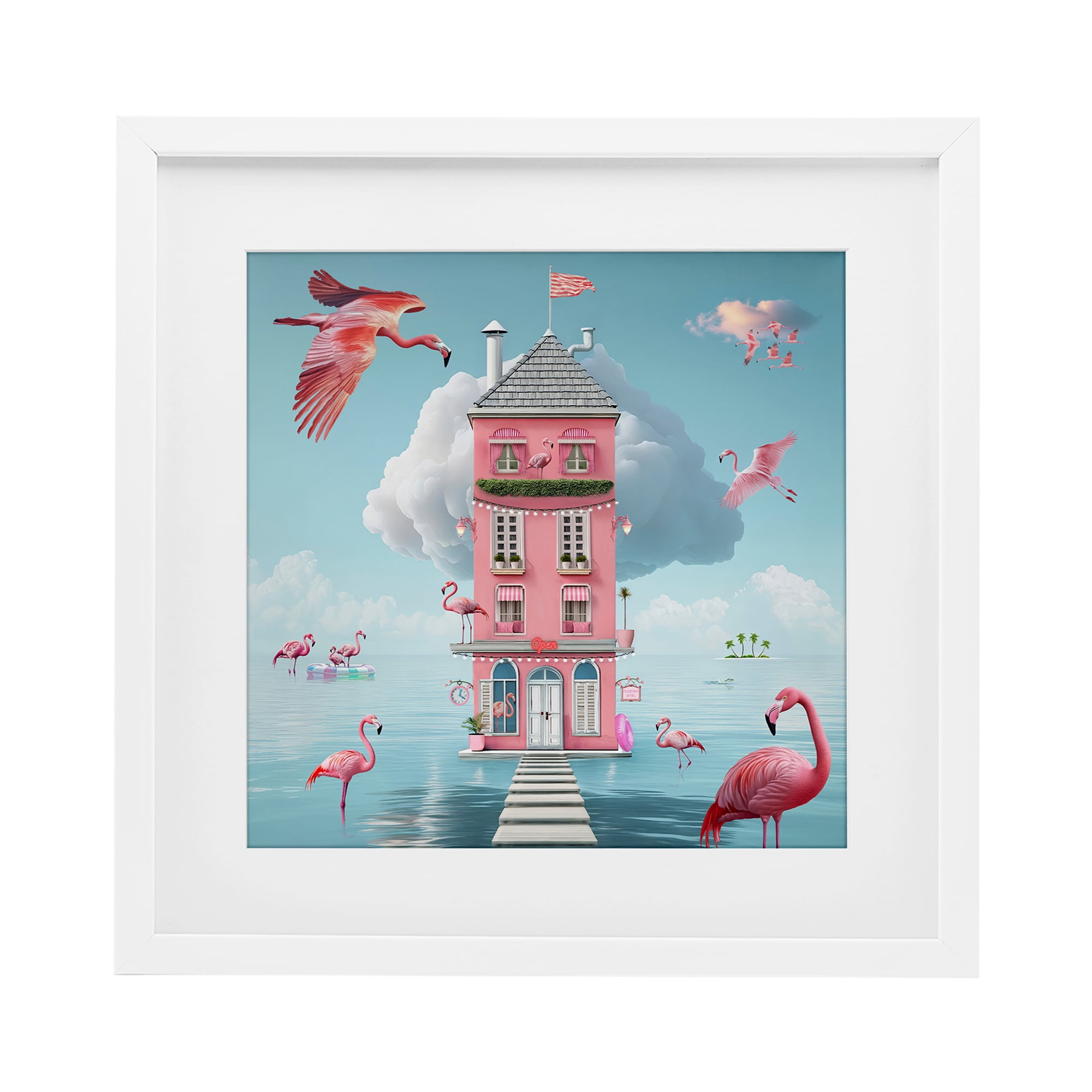 Flamingo Hotel on Water White Framed Print Under Glass, design by Lori Lea Studios