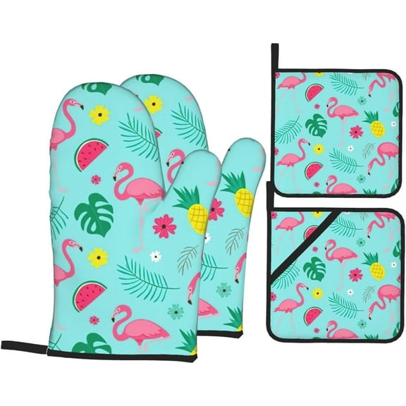 Flamingo Ice Cream Fruit Oven Mitts and Pot Holders Sets for Kitchen 4 Pcs 7"X11" Heat Resistant Baking Cooking