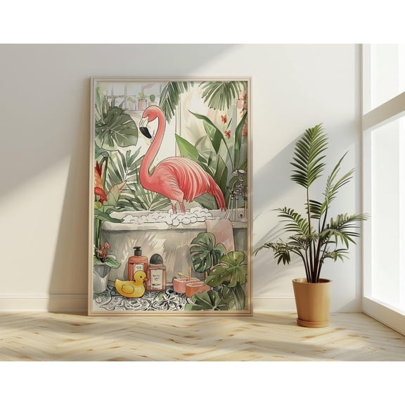 Flamingo In Bathtub Print, Tropical Bathroom Wall Art Home Decor #2357, 8x12 UNFRAMED