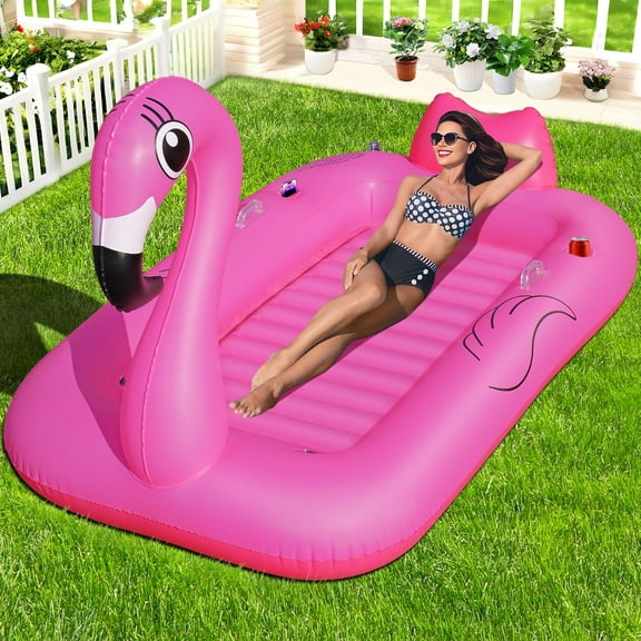 Flamingo Inflatable Tanning Pool Lounger Float, Large Pink Sunbathing Pool Floats Adult with Cup & Phone Holders, Suntan Tub Inflatable Tanning Pool for Backyard, Blow Up Tanning Bed Float